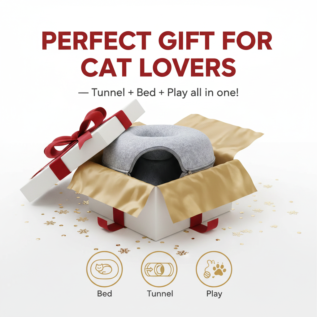 Donut Cat Tunnel Bed & Cave – Natural Felt Pet House with Interactive Toy for Cats - Gold Store Business