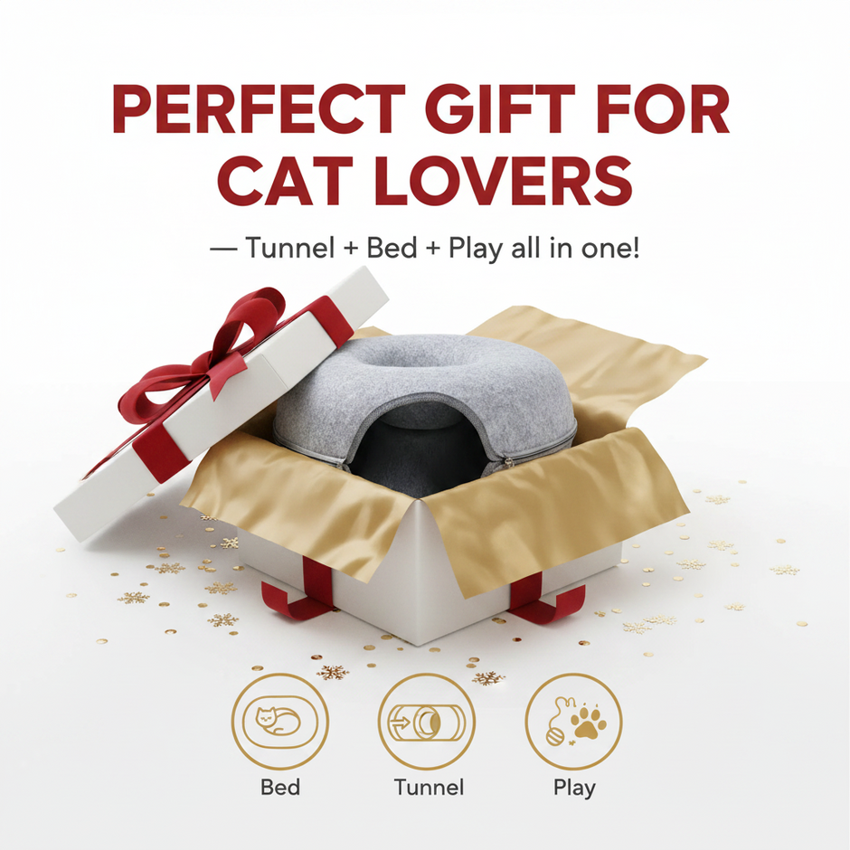 Donut Cat Tunnel Bed & Cave – Natural Felt Pet House with Interactive Toy for Cats - Gold Store Business