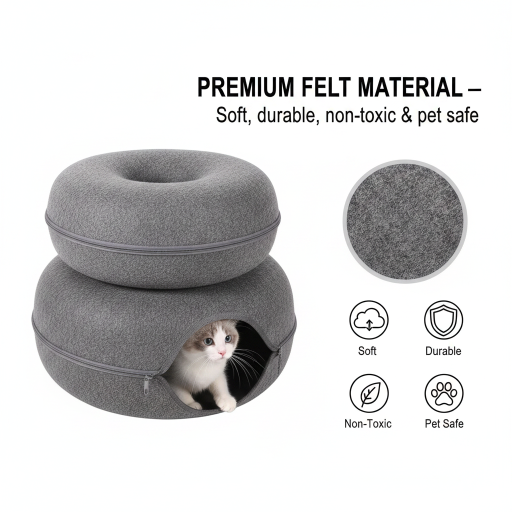 Donut Cat Tunnel Bed & Cave – Natural Felt Pet House with Interactive Toy for Cats - Gold Store Business