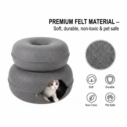 Donut Cat Tunnel Bed & Cave – Natural Felt Pet House with Interactive Toy for Cats