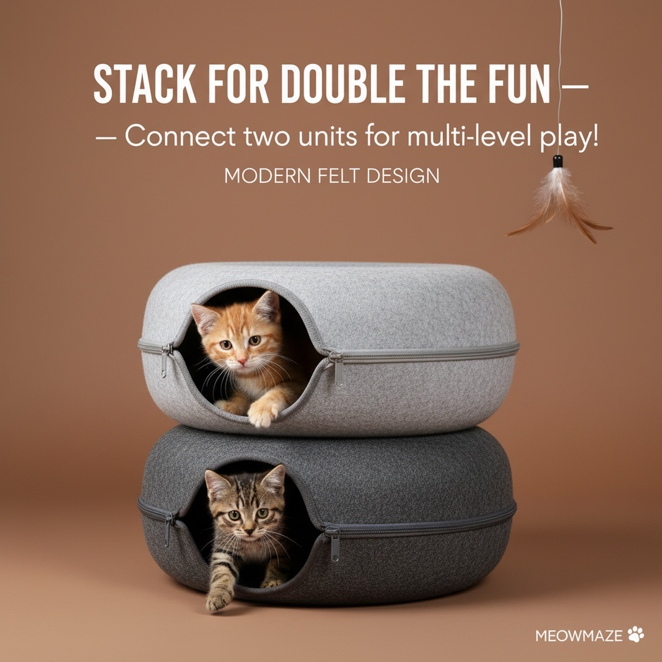 Donut Cat Tunnel Bed & Cave – Natural Felt Pet House with Interactive Toy for Cats - Gold Store Business