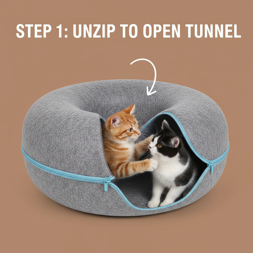 Donut Cat Tunnel Bed & Cave – Natural Felt Pet House with Interactive Toy for Cats - Gold Store Business