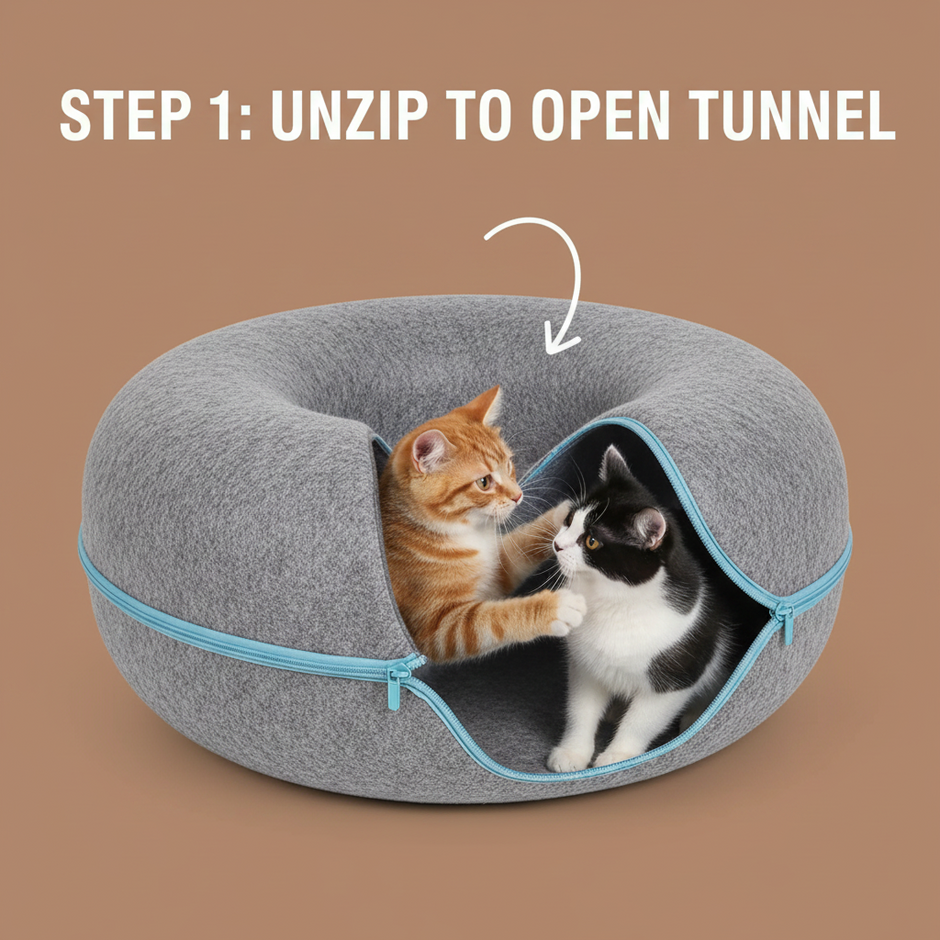 Donut Cat Tunnel Bed & Cave – Natural Felt Pet House with Interactive Toy for Cats - Gold Store Business