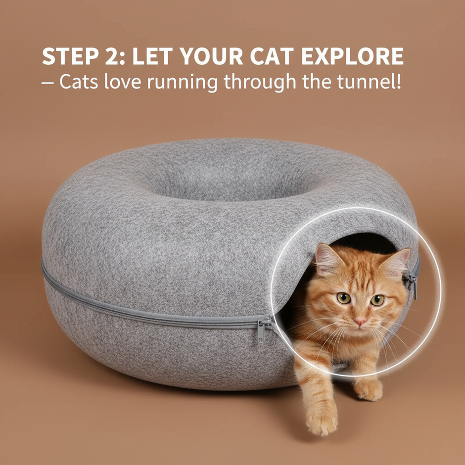 Donut Cat Tunnel Bed & Cave – Natural Felt Pet House with Interactive Toy for Cats - Gold Store Business