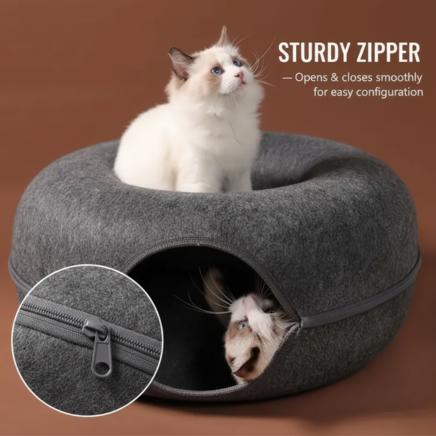 Donut Cat Tunnel Bed & Cave – Natural Felt Pet House with Interactive Toy for Cats - Gold Store Business