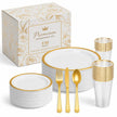 White dinnerware set — white and gold plastic plates, cups and cutlery